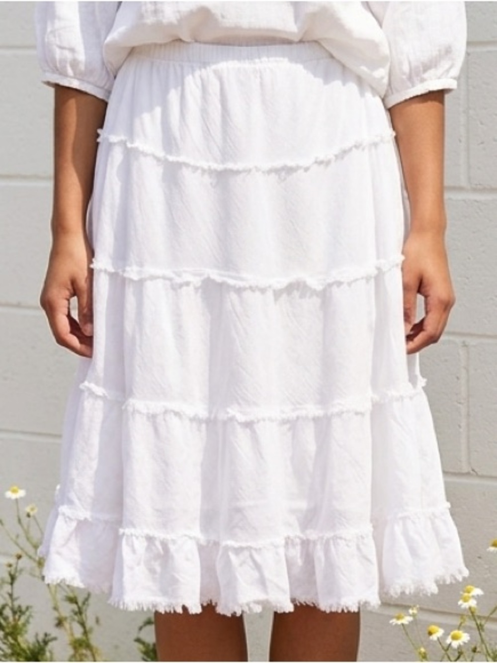 White Gauze Tiered Skirt Boho Prairie Fairycore Cottagecore Elastic Waist Medium